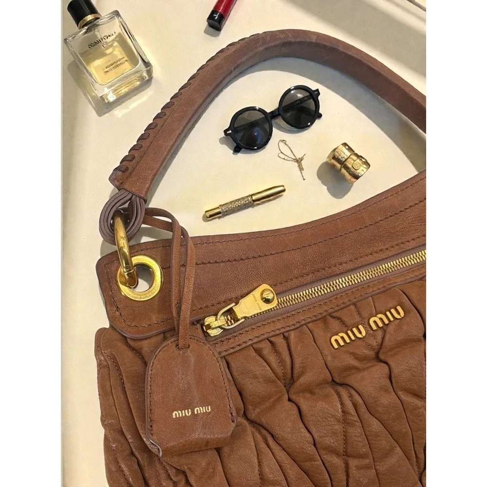 Miu‎ Miu Vintage Coffer Matelasse Ruched Leather Hobo Bag